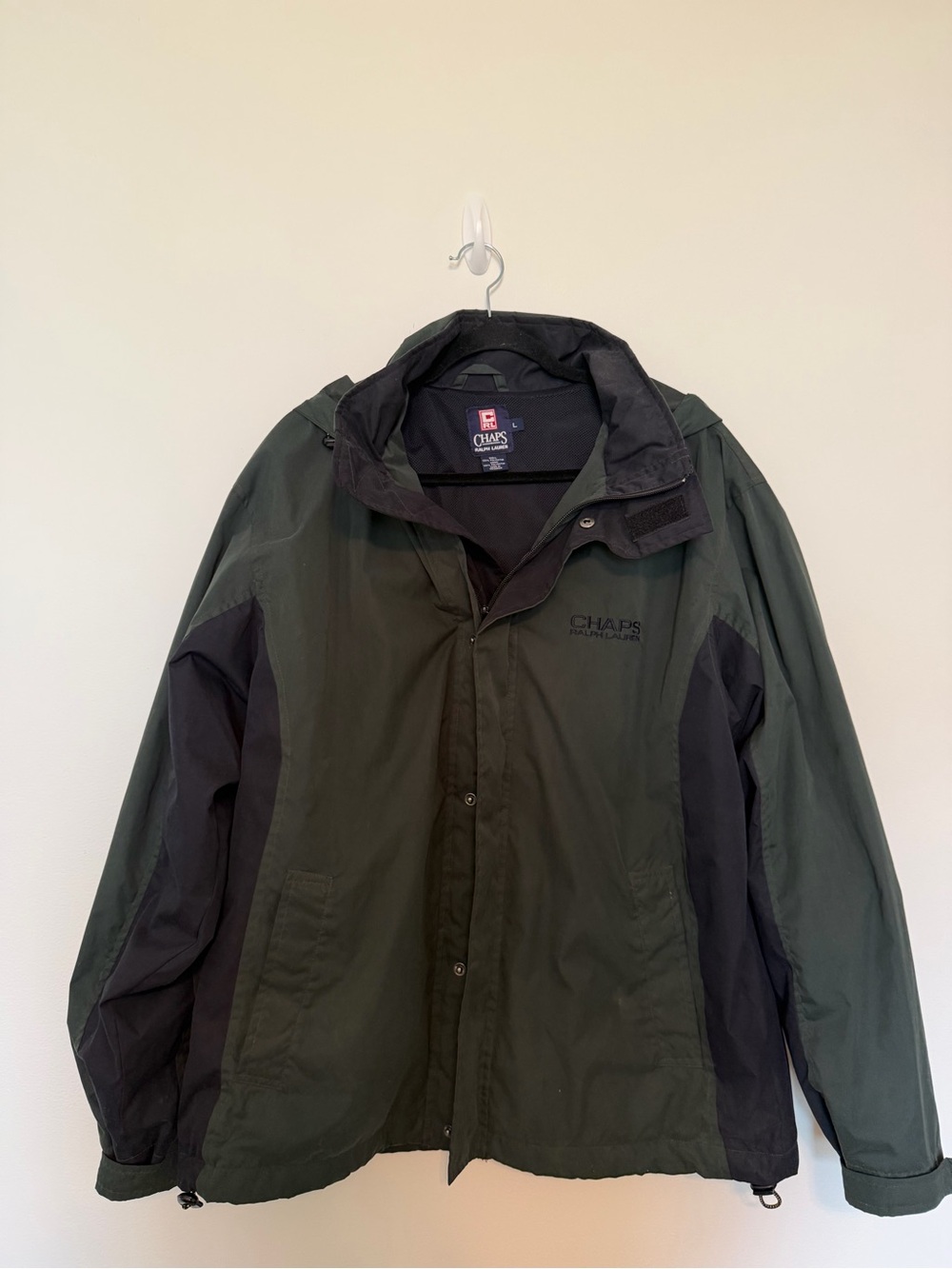 Vintage Chaps Ralph Lauren Men’s L Hooded Windbreaker Jacket Green Navy 90s